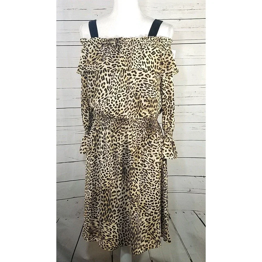 Libby Edelman Womens Leopard Print Off Shoulder Boho Festival Swing Dress NWT M